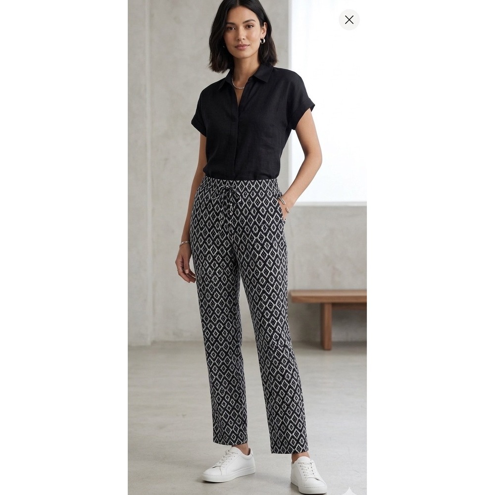 Tahari Womens Black White Ikat Diamond Print Elastic Waist Straight Leg Pants L